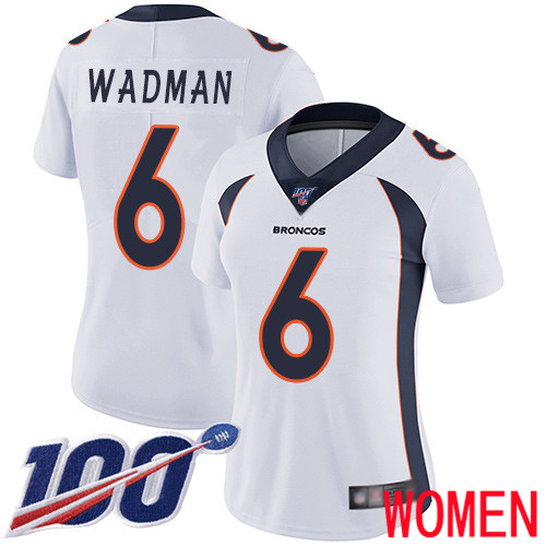 Women Denver Broncos #6 Colby Wadman White Vapor Untouchable Limited Player 100th Season Football NFL Jersey